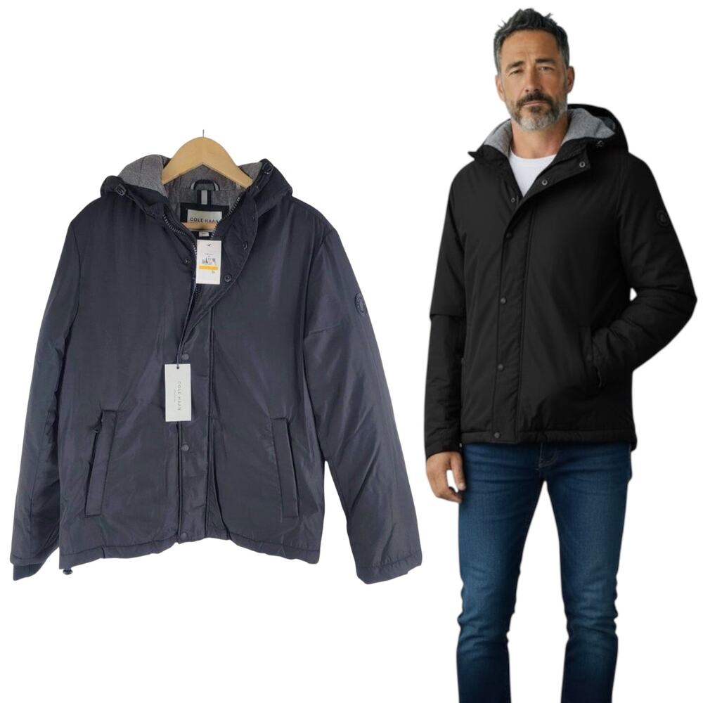 NEW Cole Haan Signature Hooded Oxford Jacket Black Full Zip Size S